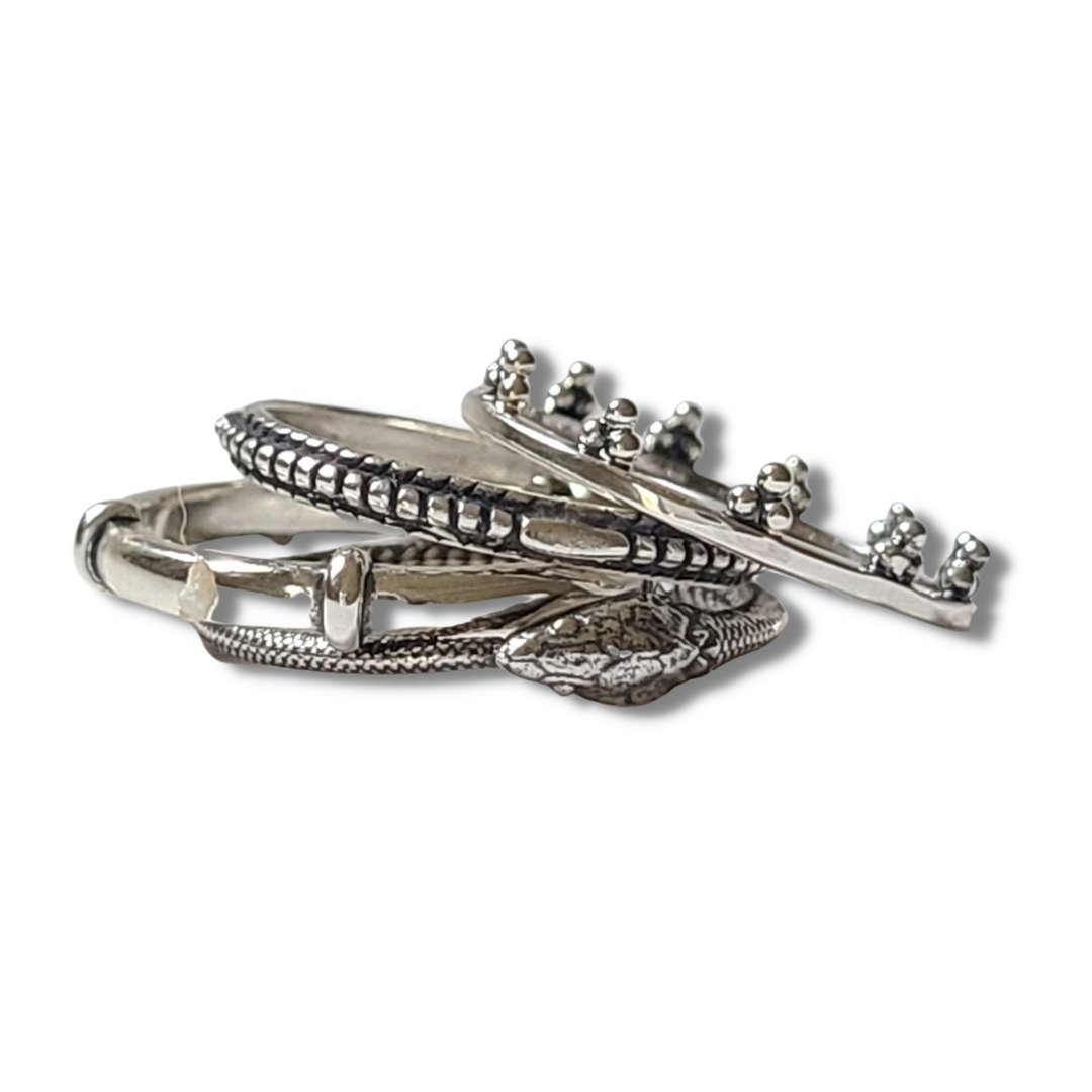 Snakes and Crowns Silver ring stack - Michelle Rhodes